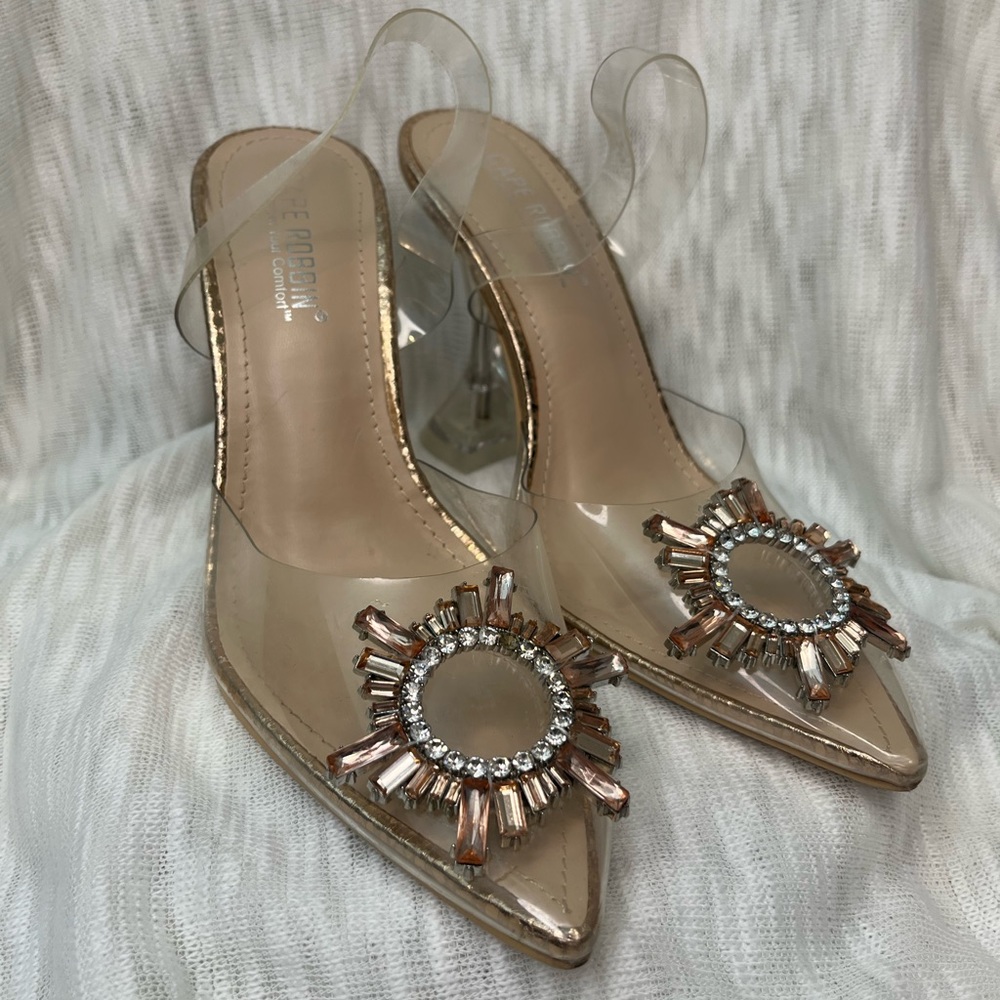Clear and Nude Flare Heels
